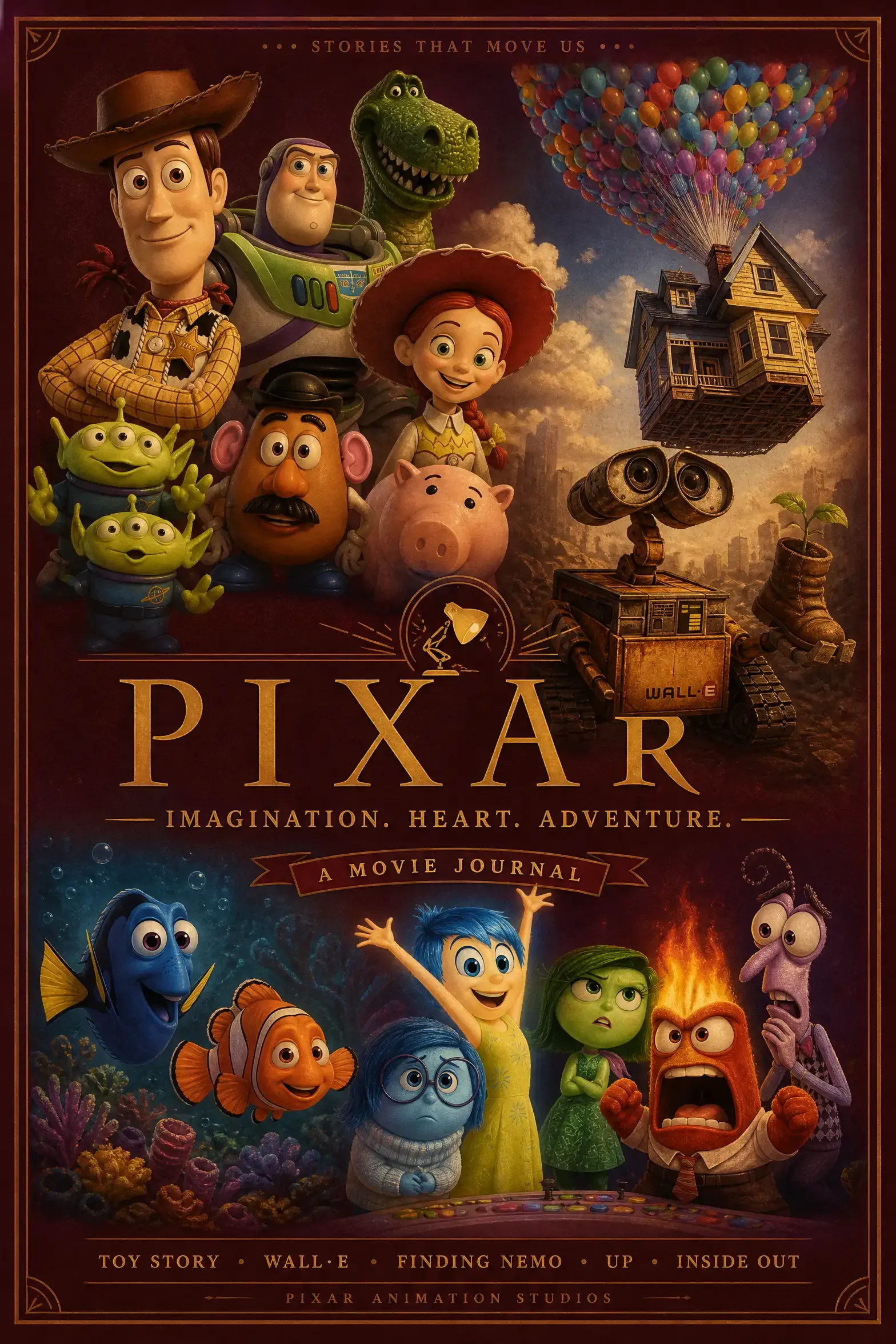 A cinematic collage of iconic Pixar movie characters arranged in a warm, nostalgic editorial layout against a deep burgundy background
