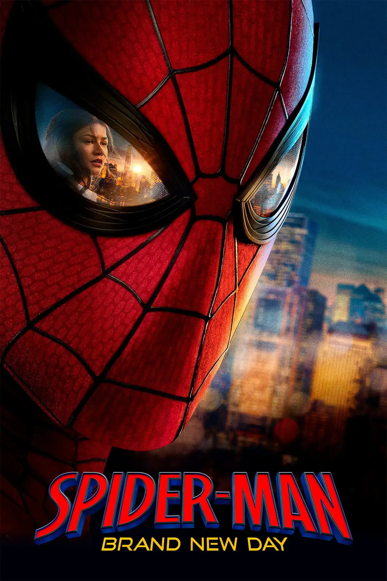 Spider-Man swinging between skyscrapers at dusk, red and blue suit illuminated by city lights
