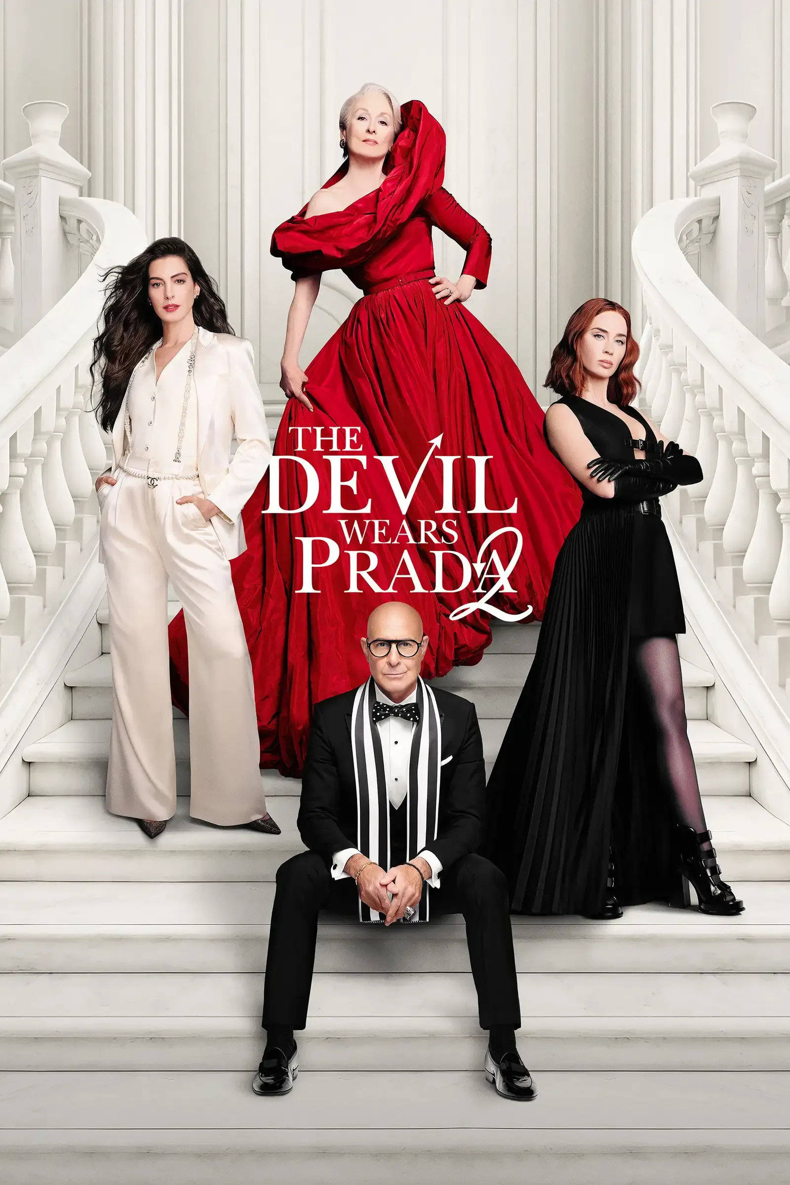 Meryl Streep as Miranda Priestly and Anne Hathaway as Andy Sachs in The Devil Wears Prada 2, standing in the Runway magazine office