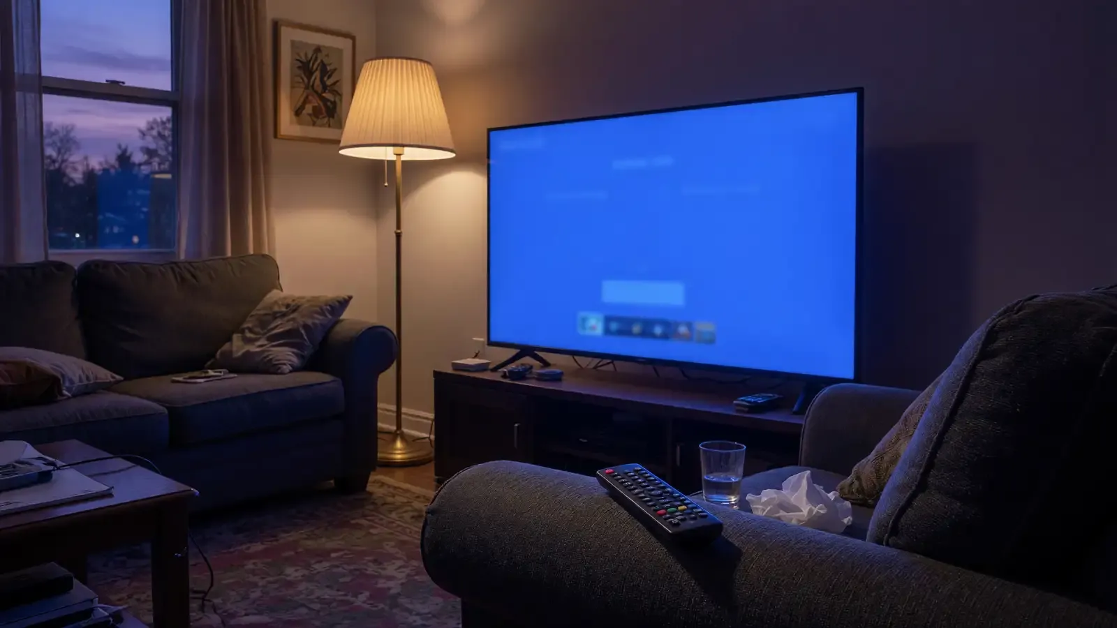 Living room TV on a blank blue menu screen, remote on a sofa arm, evening lamp, no logos or titles.