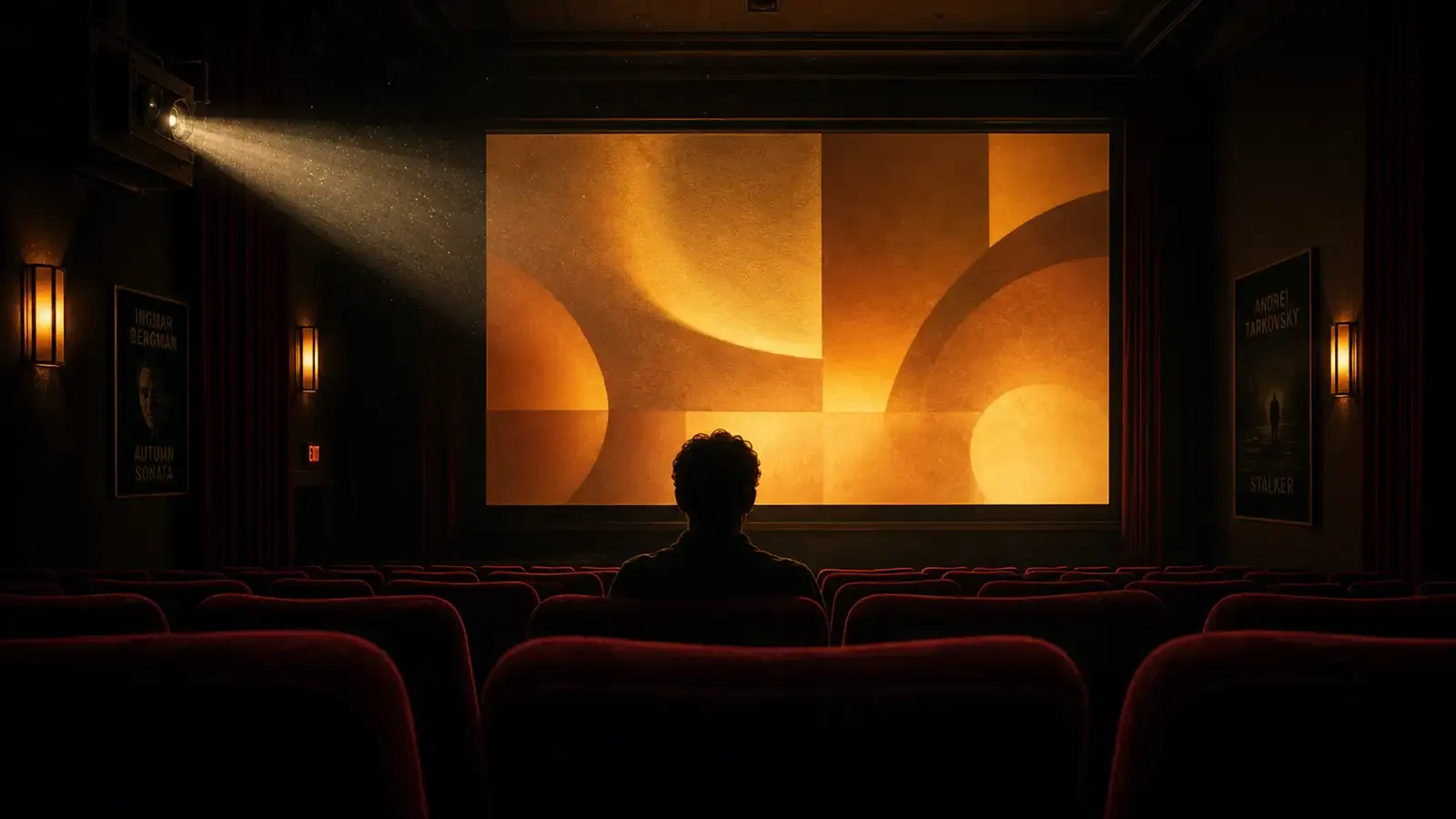 A dimly lit independent cinema with a single audience member watching an arthouse film, editorial illustration style