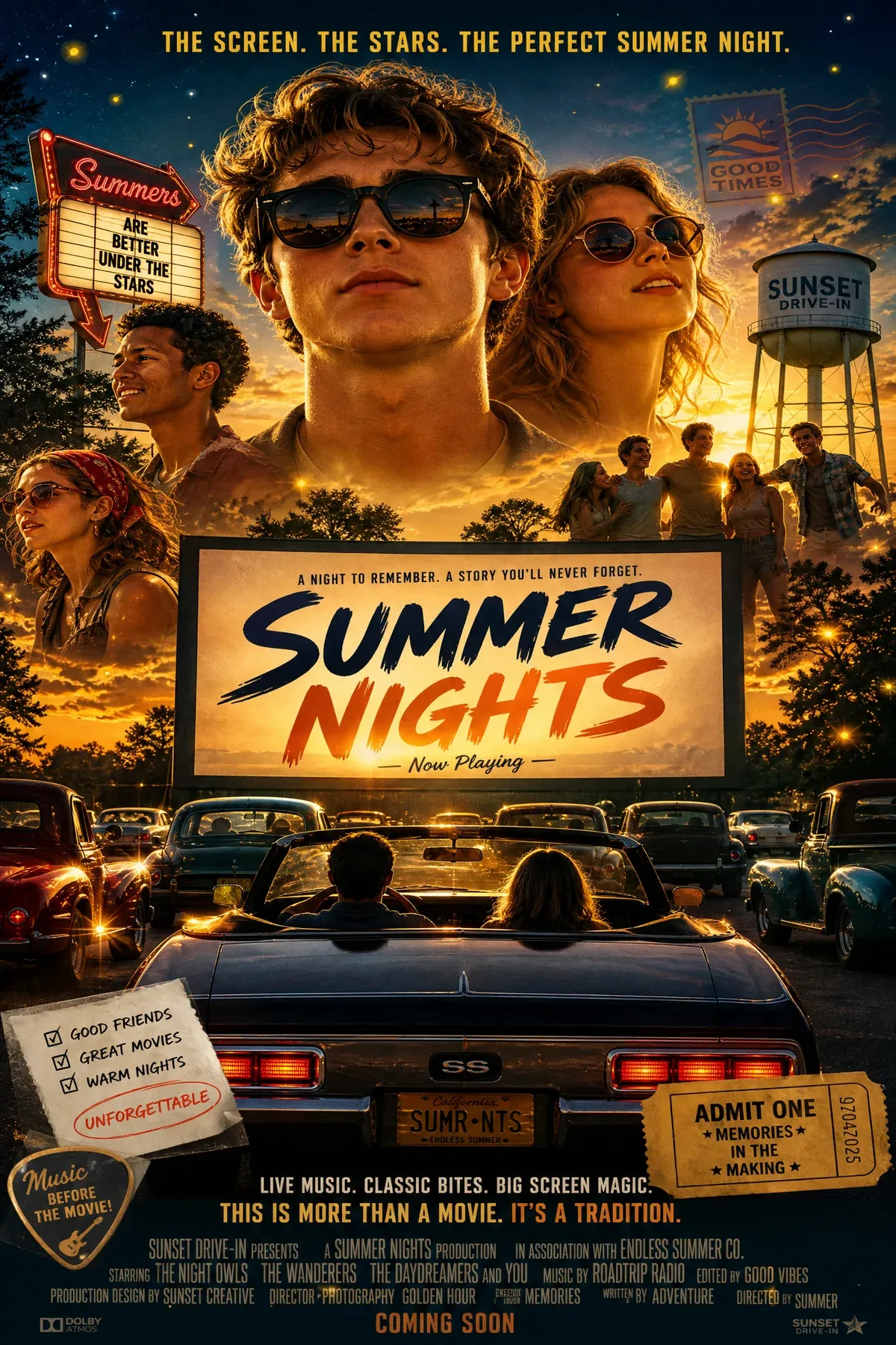 A crowded movie theater marquee displaying multiple summer 2026 movie titles under warm golden lights
