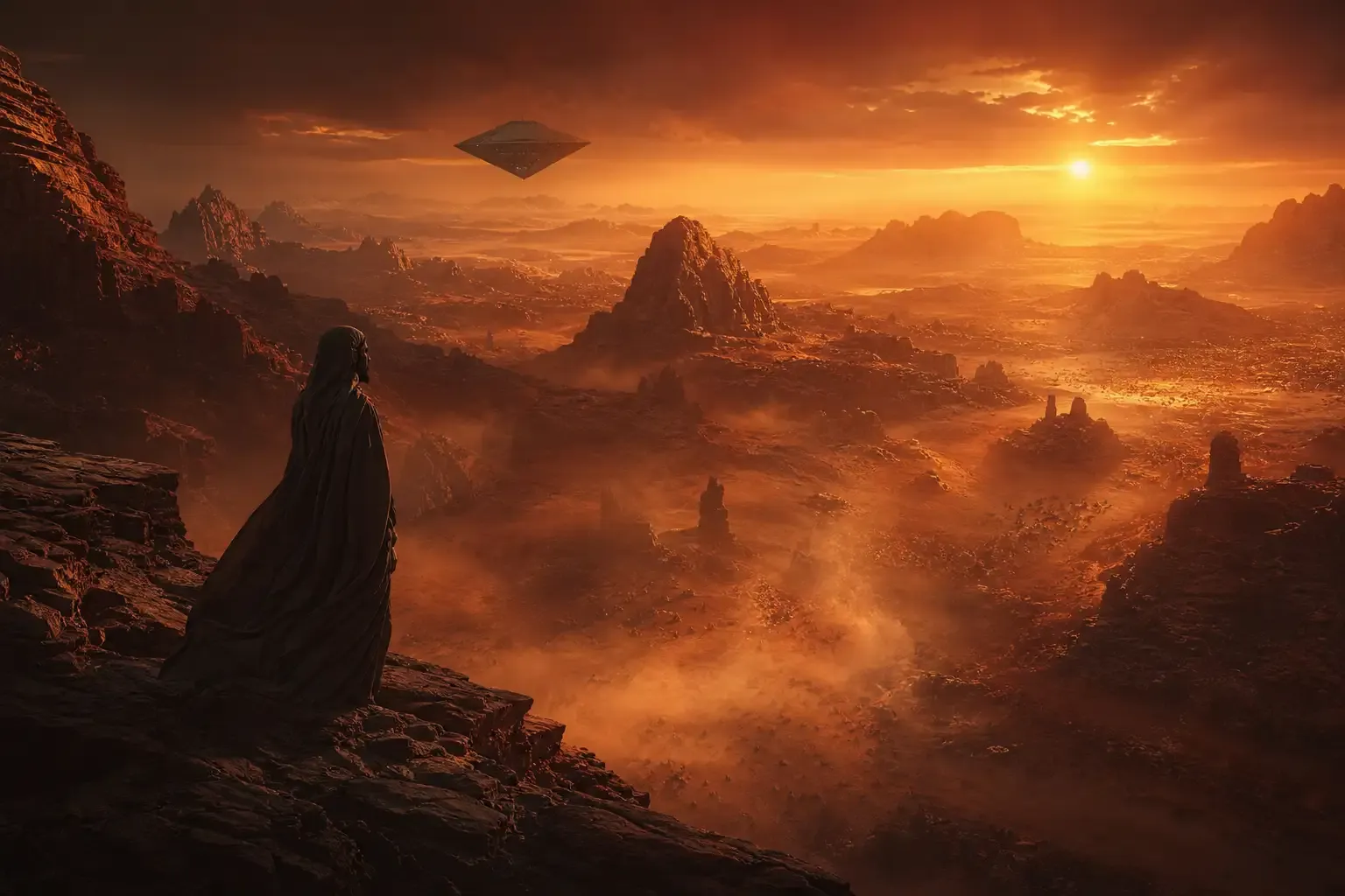 A dramatic split composition showing Timothée Chalamet as Emperor Paul Atreides in ornate golden armor on the left, with a swirling desert sandstorm and the silhouettes of Fremen warriors on the right, against a deep orange and black backdrop evoking the epic scale of Dune: Part Three