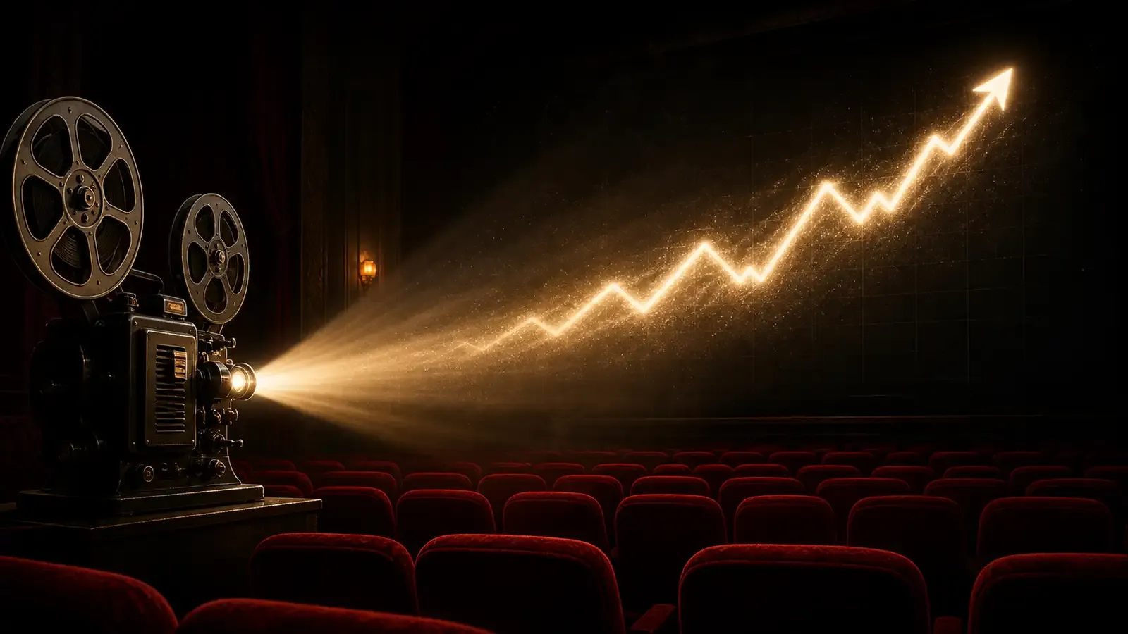 A film projector casting a beam of light across a dark movie theater, the light forming an upward-trending graph line, editorial illustration style