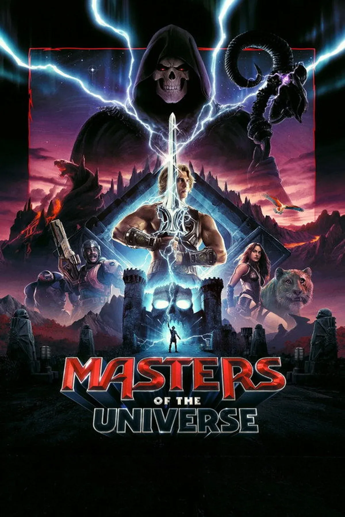He-Man and Skeletor action figures standing next to a crumbling castle with a dollar sign cracked in half, dramatic cinematic lighting