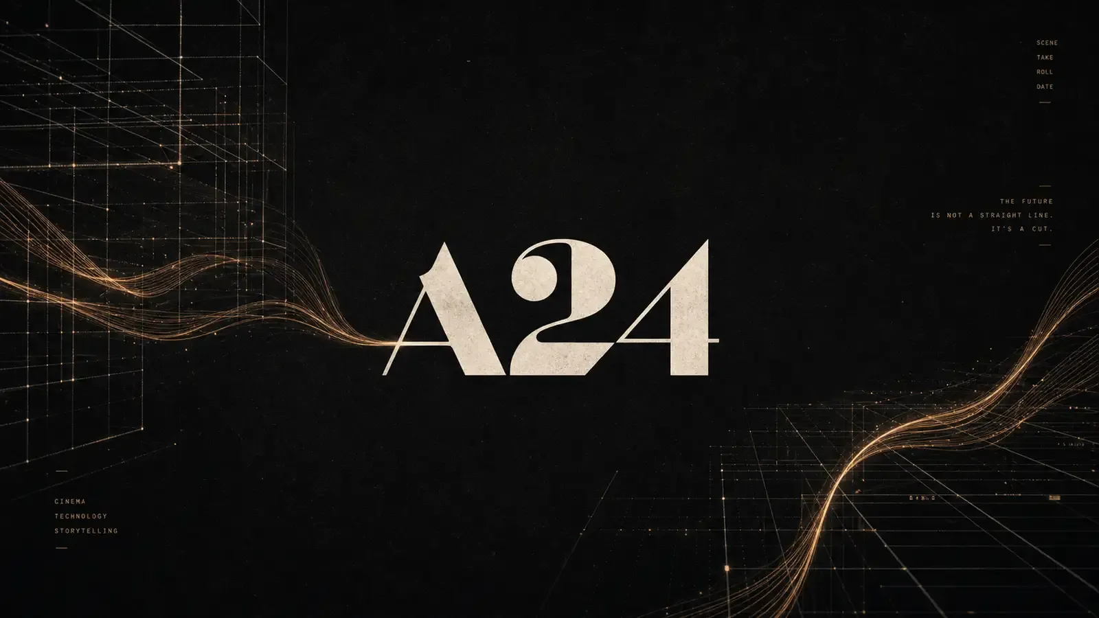 The A24 logo on a clean dark background with subtle digital grid lines fading in from the edges, suggesting the intersection of indie cinema and technology