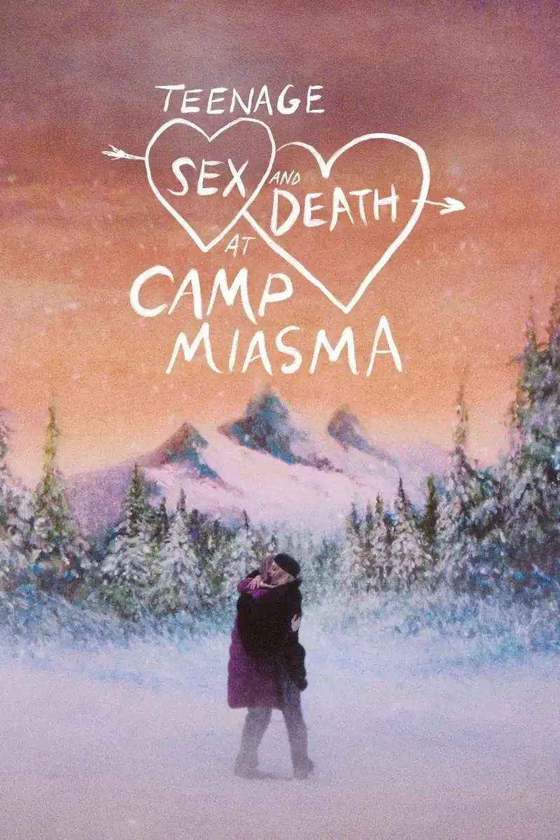 Dimly lit camp cabin with a figure silhouette against window light, horror movie atmosphere with green and red tones