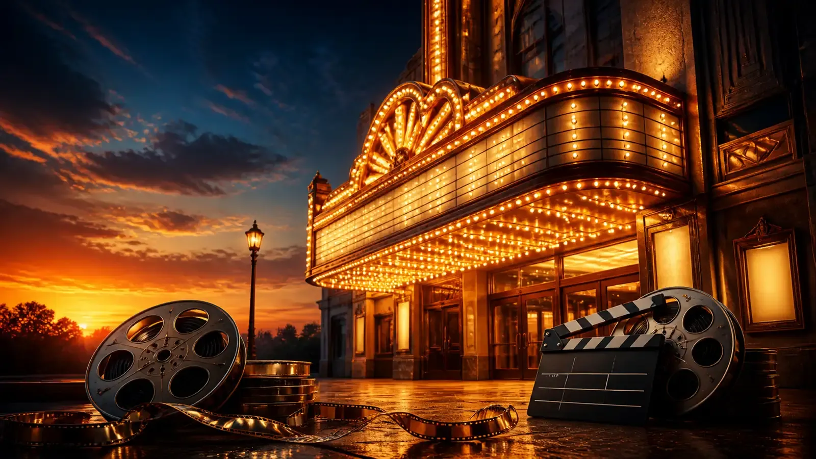 A split composition showing a post-apocalyptic desert landscape on the left and a vibrant movie theater marquee on the right, representing the contrast between serious and fun late August releases