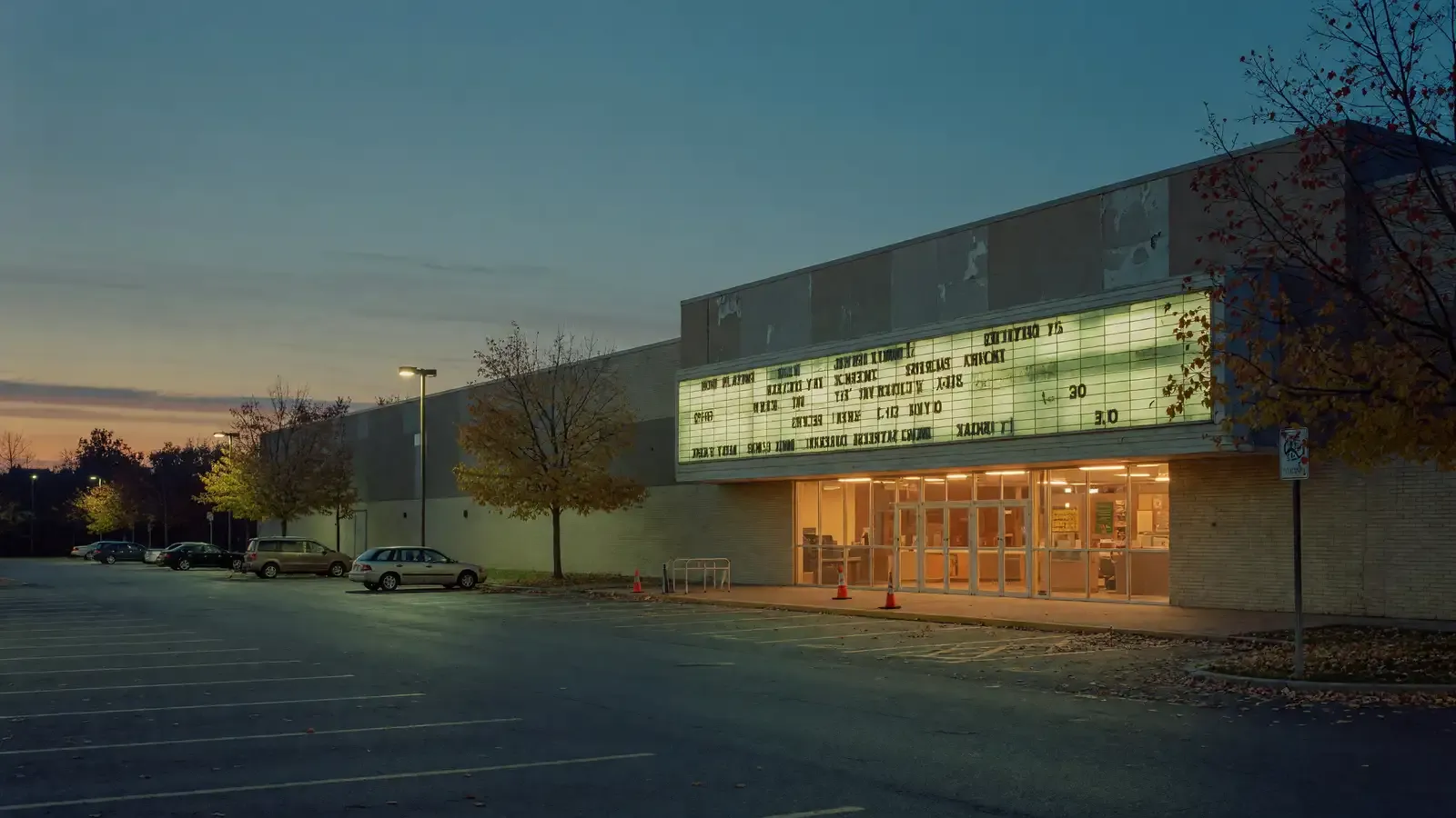 A deserted suburban multiplex at dusk with a glowing marquee and empty parking lot in muted autumn light