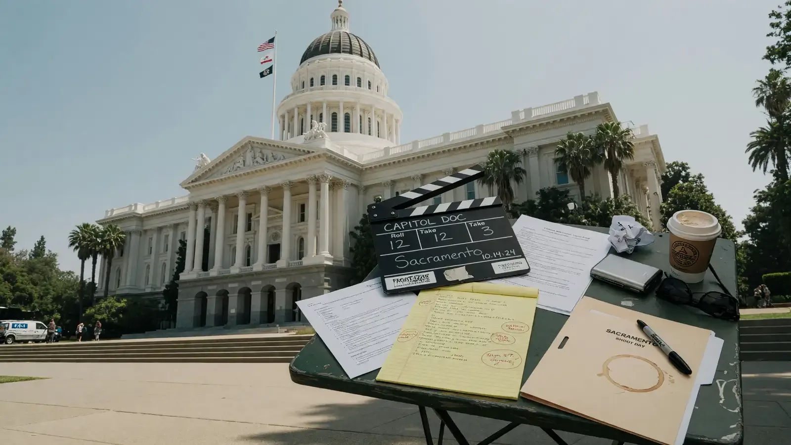 The California state capitol in daylight with a film clapperboard and production paperwork on a nearby table.