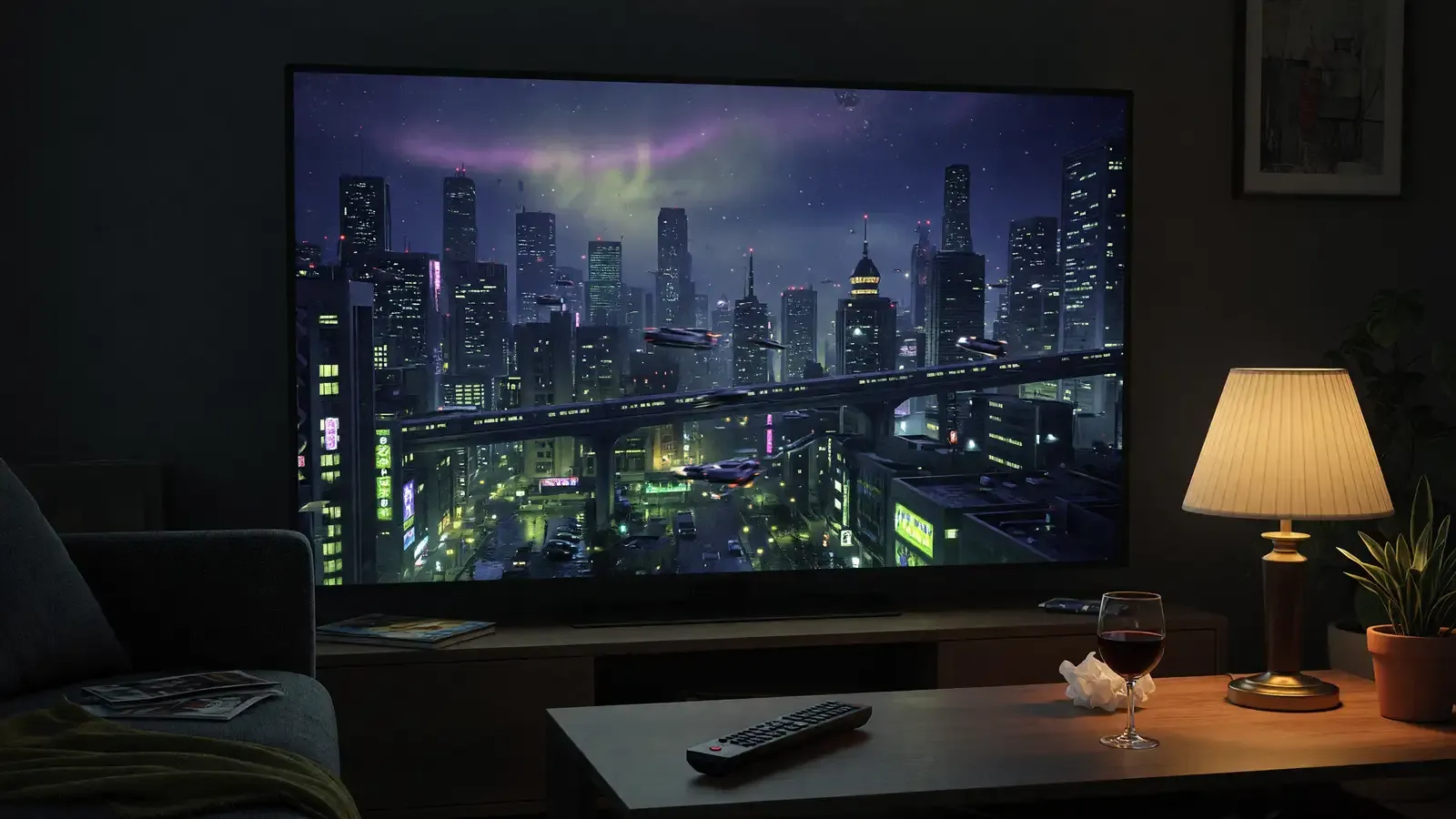A living-room television showing a moody science-fiction cityscape at night, remote on the coffee table.
