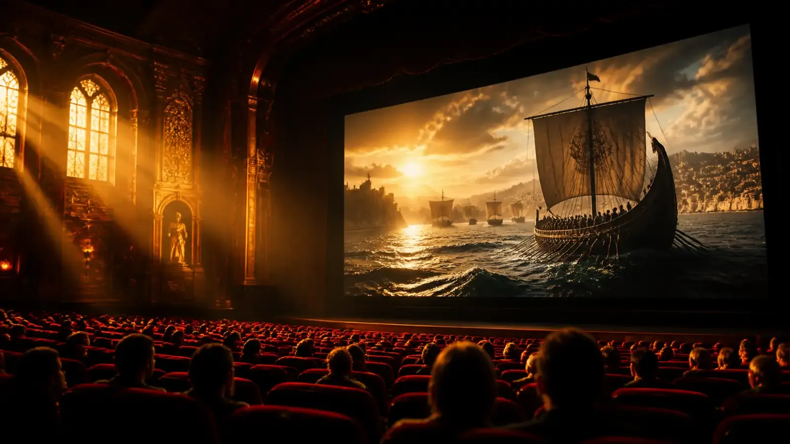 Split image of a golden ancient Greek warrior standing on rocky cliffs beside a modern superhero silhouette against a sunset cityscape, cinematic style