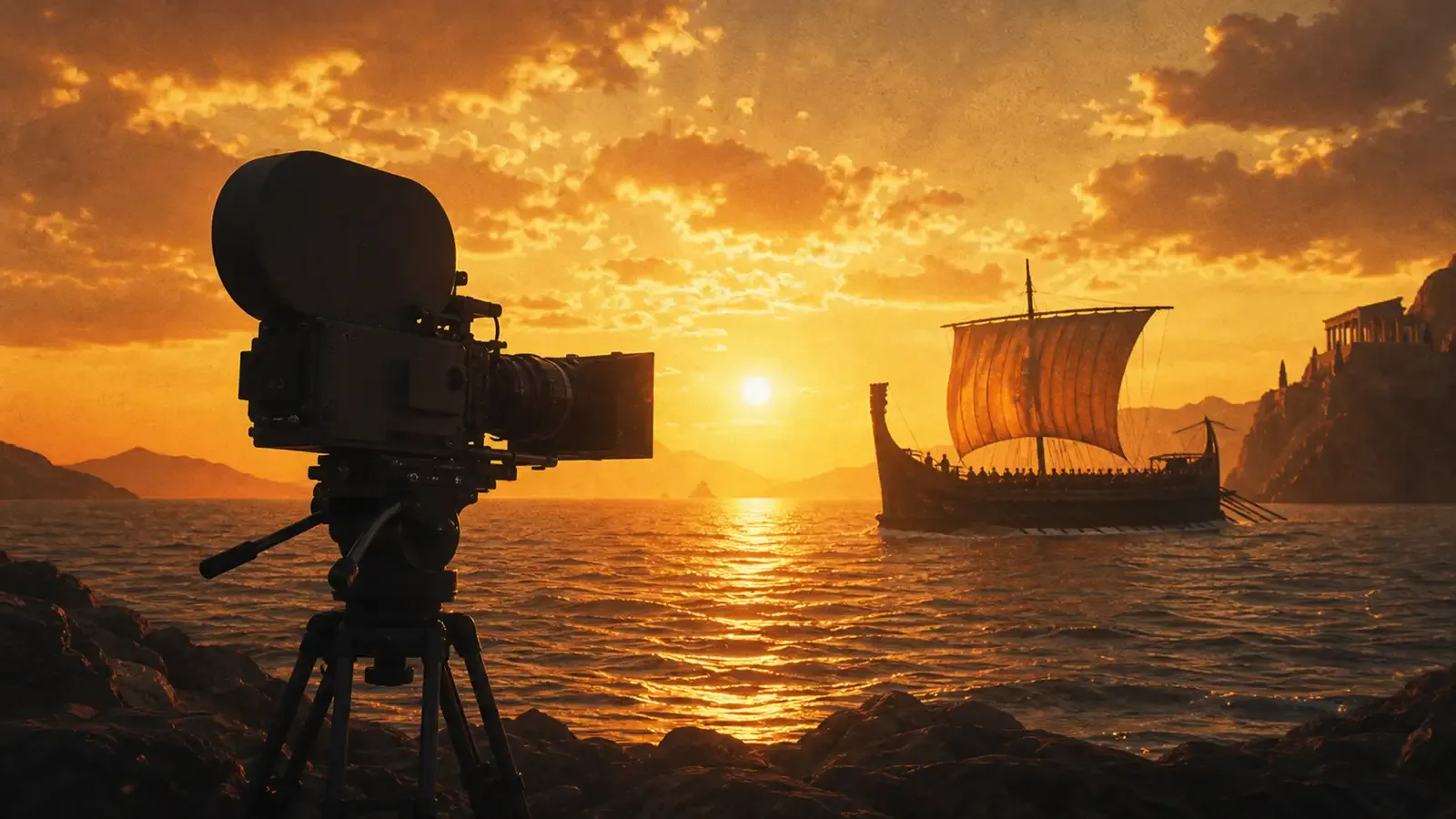 Film reel and IMAX camera against a dark cinematic background with warm golden lighting, evoking the epic scale of Christopher Nolan's The Odyssey
