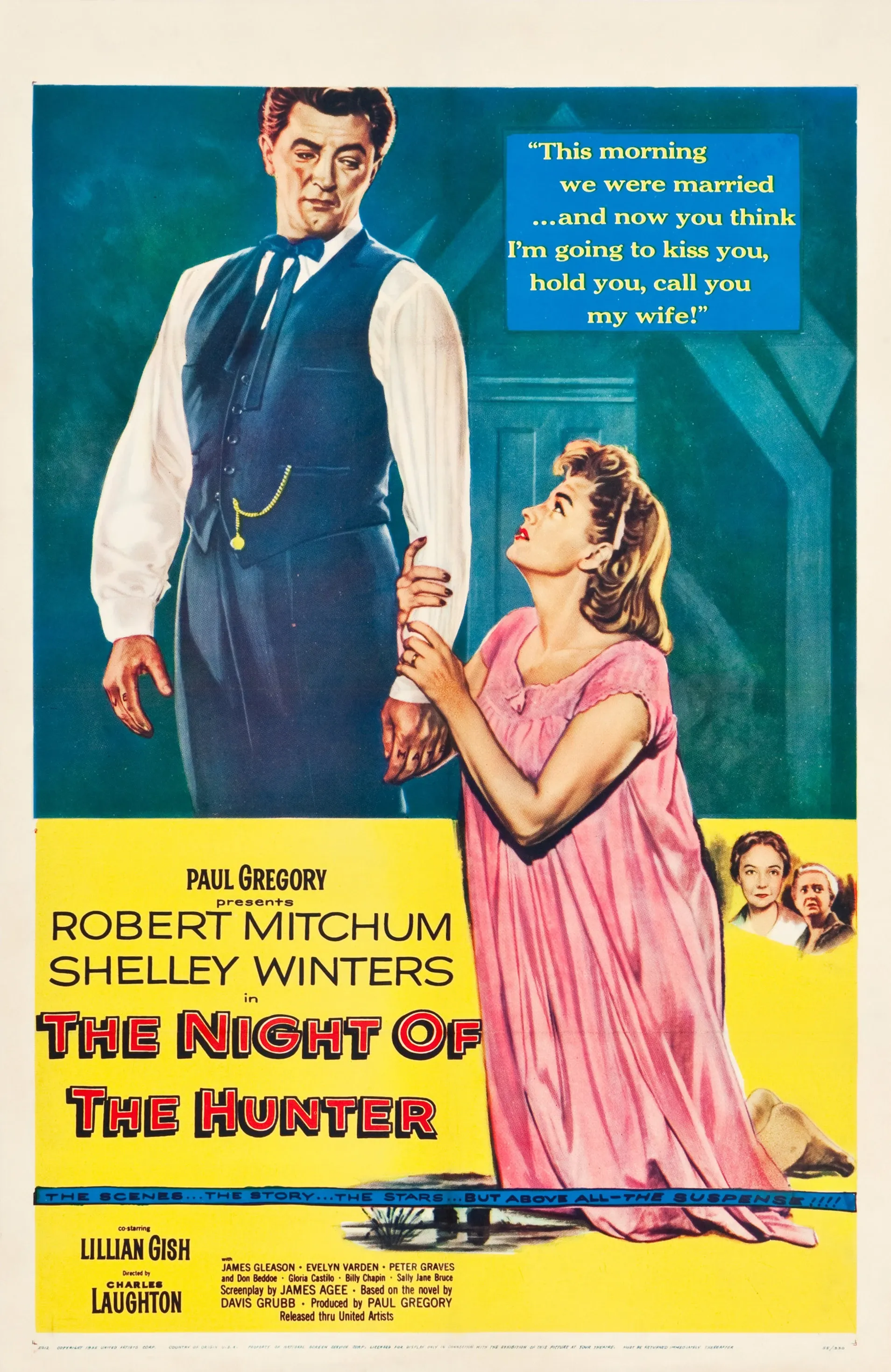 Original 1955 U.S. theatrical poster for The Night of the Hunter featuring Robert Mitchum and Shelley Winters