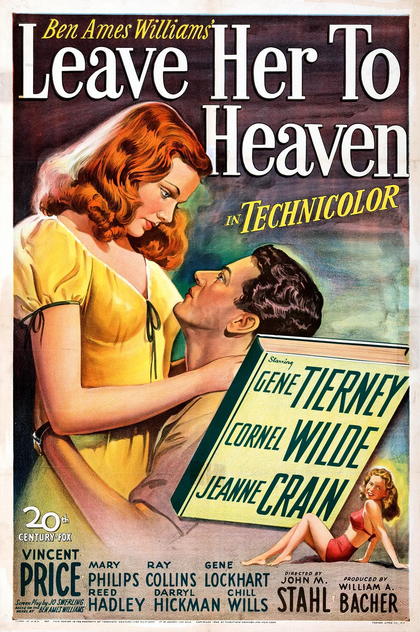 Original 1945 theatrical poster for Leave Her to Heaven featuring Gene Tierney in vivid Technicolor hues