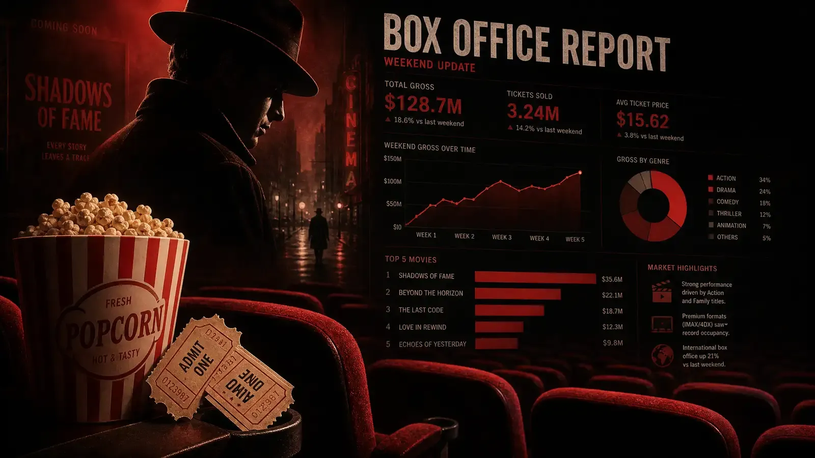 A cinema box office ticket counter with summer blockbuster posters in the background, editorial illustration style with warm cinema lighting