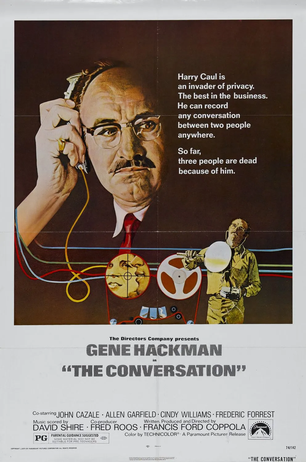 Gene Hackman as Harry Caul in The Conversation (1974), surrounded by surveillance equipment in a dimly lit room