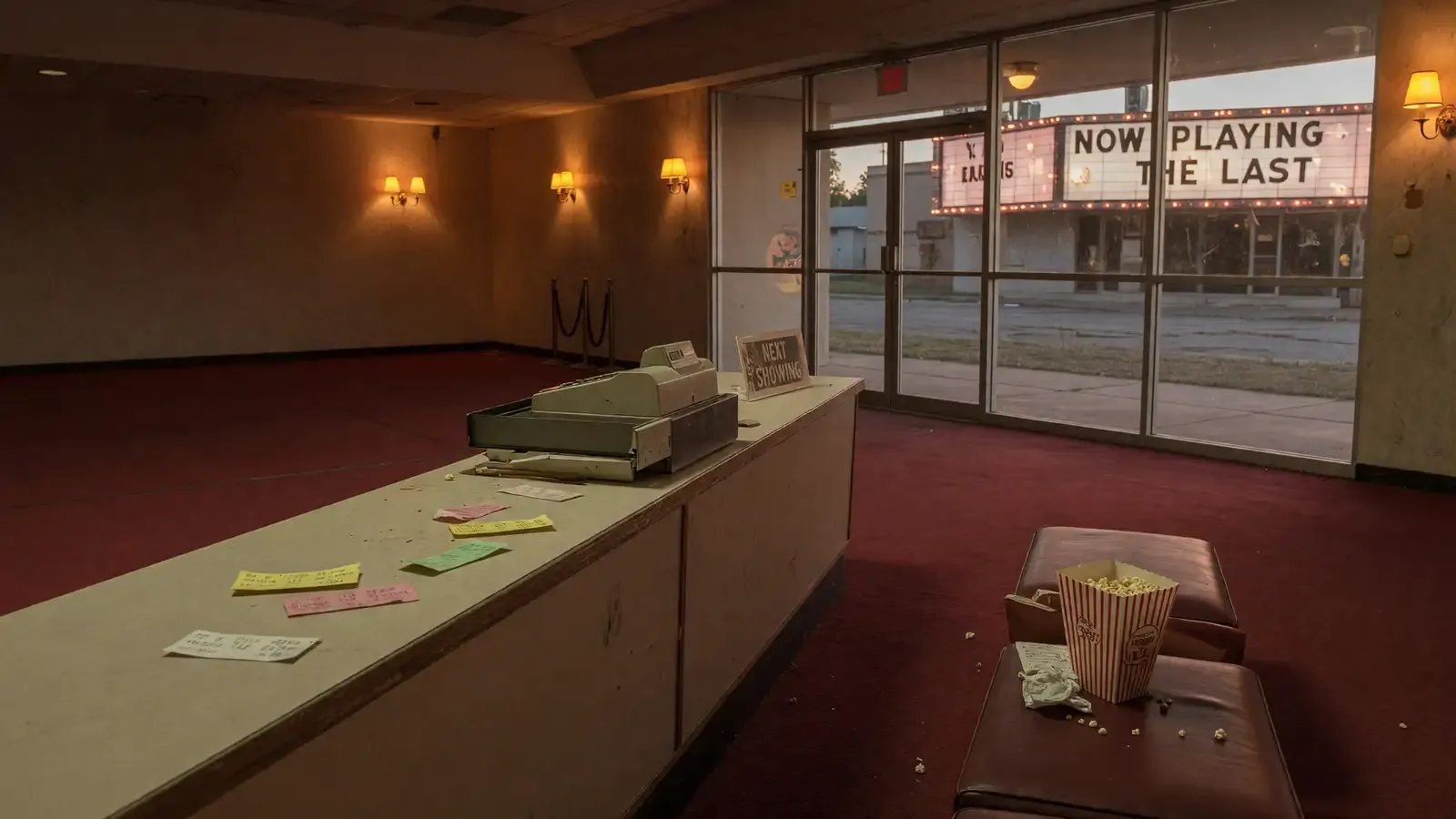 Nearly empty multiplex lobby in late afternoon, ticket stubs on the counter and a lit marquee through glass doors.