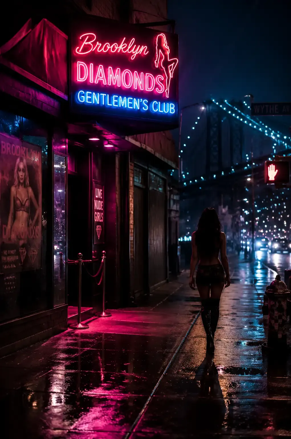 A neon-lit Brooklyn strip club sign reflected in rain puddles, with a blurred silhouette of a young woman walking away in the distance